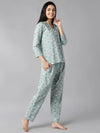 Ahika Women Teal Green White Pure Cotton Printed Night Suit