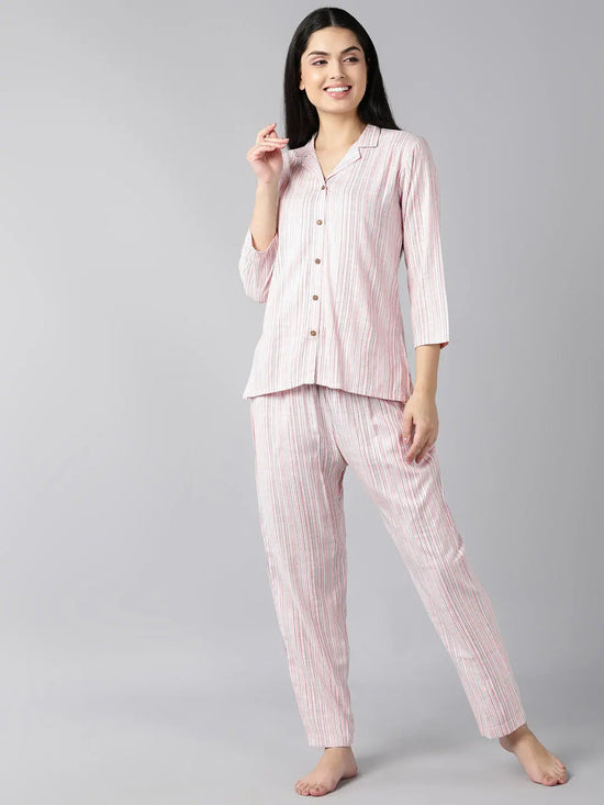 Ahika Women Pink Pure Cotton Striped Night Suit