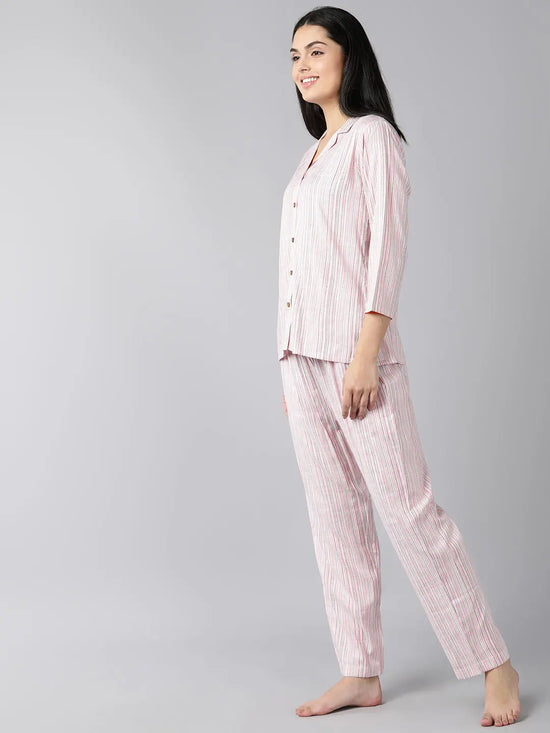 Ahika Women Pink Pure Cotton Striped Night Suit