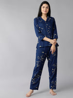 Ahika Women Blue Cream Coloured Pure Cotton Printed Night Suit