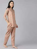 Ahika Women Beige Red Pure Cotton Printed Night Suit