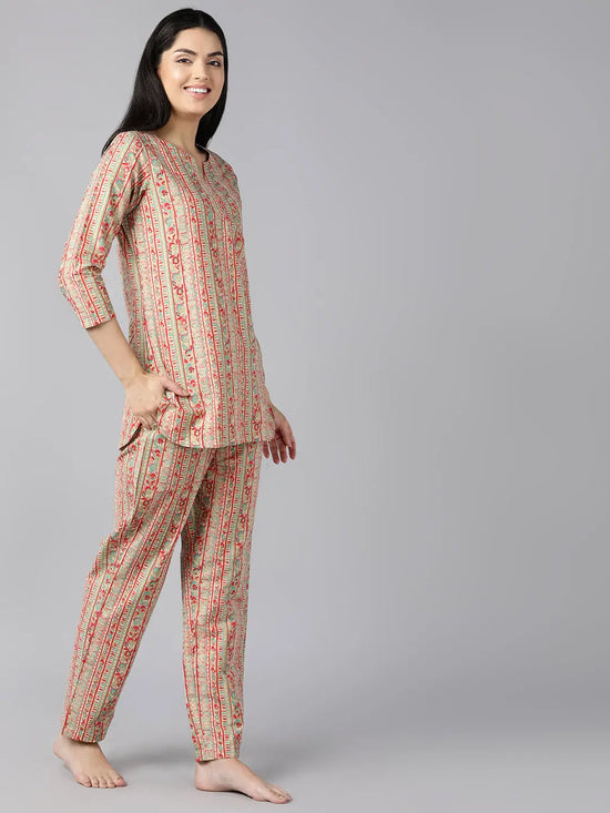 Ahika Women Beige Red Pure Cotton Printed Night Suit