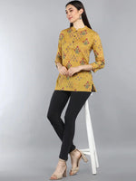 Ahika Mustard Yellow Floral Topprint Mandarin Collar Longline