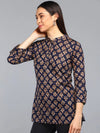 Ahika Navy Blue Floral Print Mandarin Collar Shirt Style Top 1