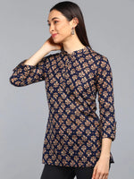 Ahika Navy Blue Floral Print Mandarin Collar Shirt Style Top 1