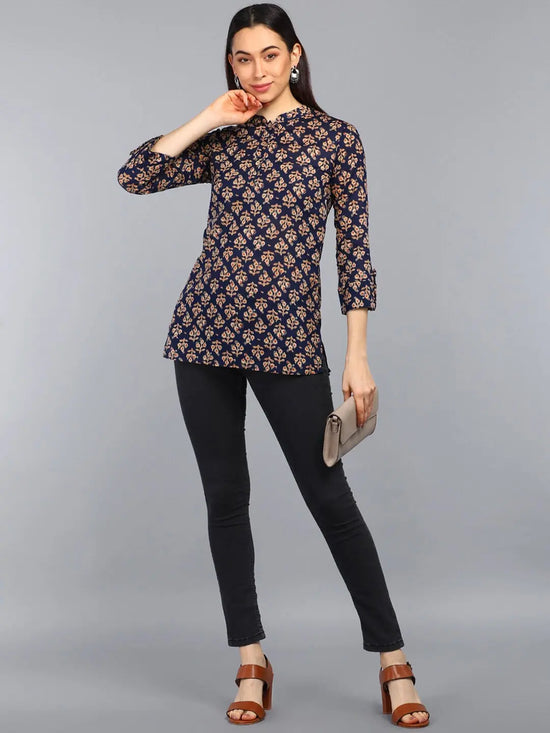 Ahika Navy Blue Floral Print Mandarin Collar Shirt Style Top 1