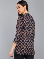 Ahika Navy Blue Floral Print Mandarin Collar Shirt Style Top 1