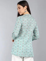 Ahika Sea Green Floral Print Mandarin Collar Top