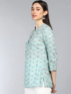 Ahika Sea Green Floral Print Mandarin Collar Top