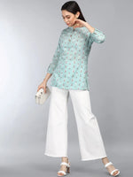 Ahika Sea Green Floral Print Mandarin Collar Top