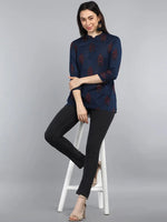 Ahika Navy Blue Print Mandarin Collar Top