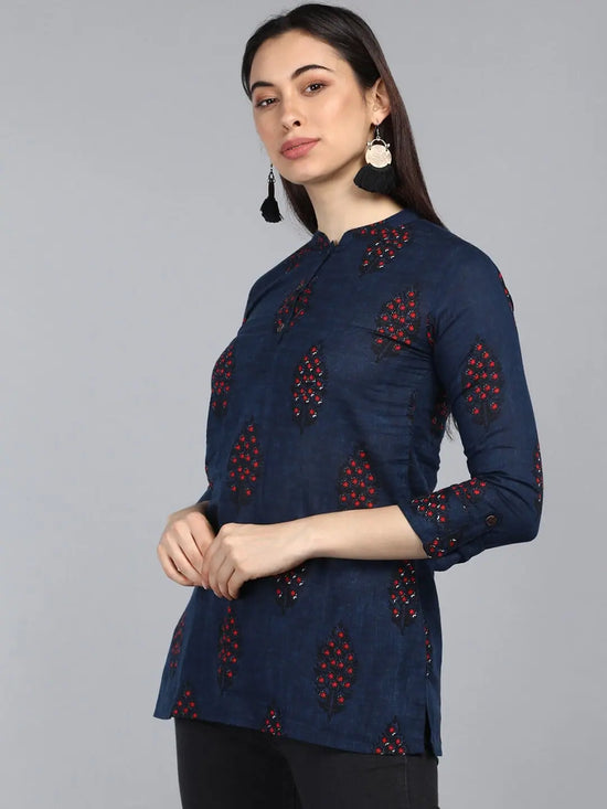 Ahika Navy Blue Print Mandarin Collar Top