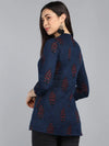 Ahika Navy Blue Print Mandarin Collar Top