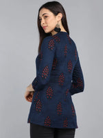 Ahika Navy Blue Print Mandarin Collar Top