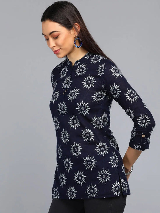 Ahika Navy Blue Floral Print Mandarin Collar Shirt Style Top