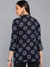 Ahika Navy Blue Floral Print Mandarin Collar Shirt Style Top