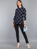 Ahika Navy Blue Floral Print Mandarin Collar Shirt Style Top