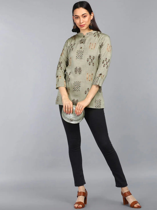 Ahika Grey Print Mandarin Collar Longline Top