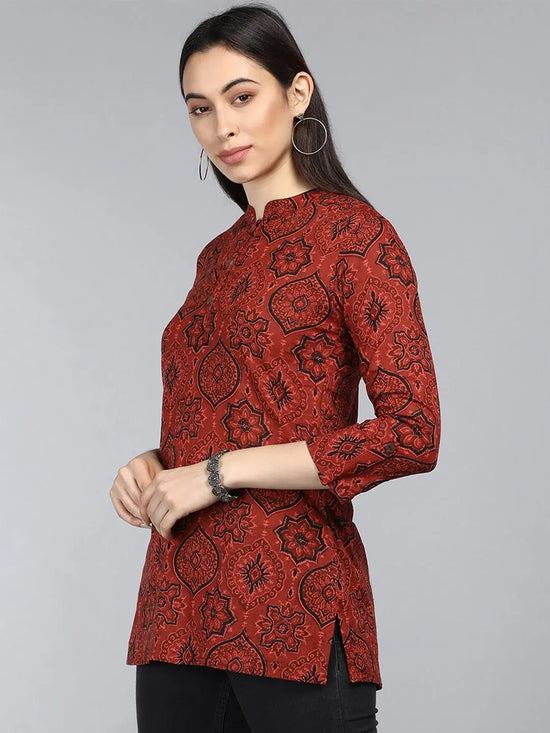 Ahika Rust Print Mandarin Collar Top