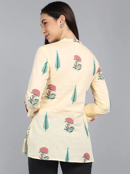 Ahika Cream Coloured Print Mandarin Collar Top