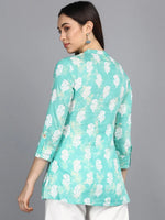 Ahika Sea Green Floral Print Mandarin Collar Shirt Style Top