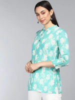 Ahika Sea Green Floral Print Mandarin Collar Shirt Style Top