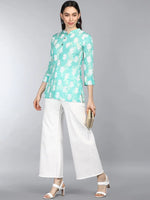 Ahika Sea Green Floral Print Mandarin Collar Shirt Style Top