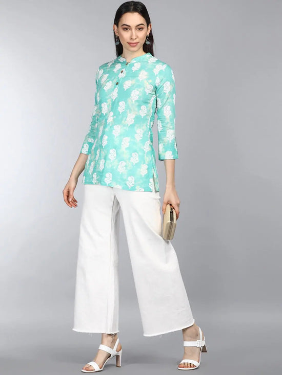 Ahika Sea Green Floral Print Mandarin Collar Shirt Style Top