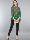 Ahika Green Floral Print Mandarin Collar Pure Cotton Longline Top