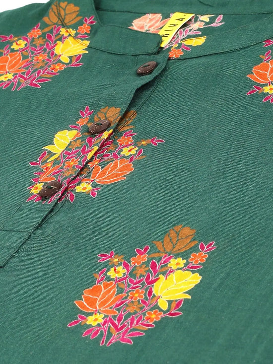 Ahika Green Floral Print Mandarin Collar Pure Cotton Longline Top