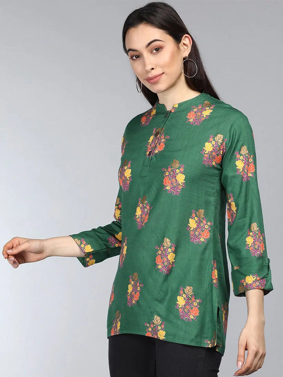 Ahika Green Floral Print Mandarin Collar Pure Cotton Longline Top