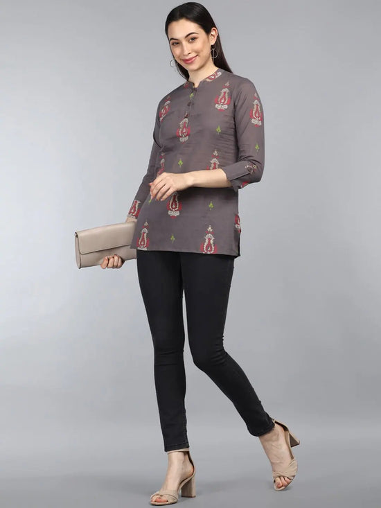 Ahika Taupe Print Mandarin Collar Roll Up Sleeves Top