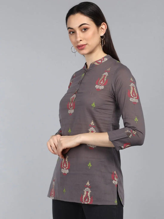 Ahika Taupe Print Mandarin Collar Roll Up Sleeves Top