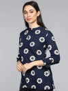 Ahika Navy Blue Floral Print Mandarin Collar Longline Top