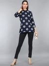 Ahika Navy Blue Floral Print Mandarin Collar Longline Top