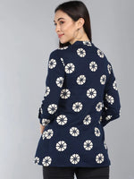 Ahika Navy Blue Floral Print Mandarin Collar Longline Top