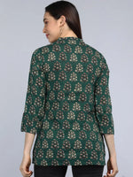 Ahika Green Floral Print Mandarin Collar Shirt Style Top