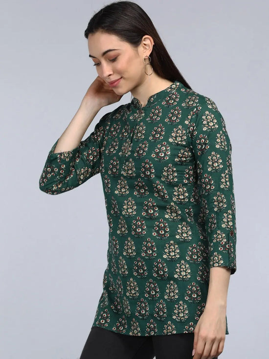 Ahika Green Floral Print Mandarin Collar Shirt Style Top