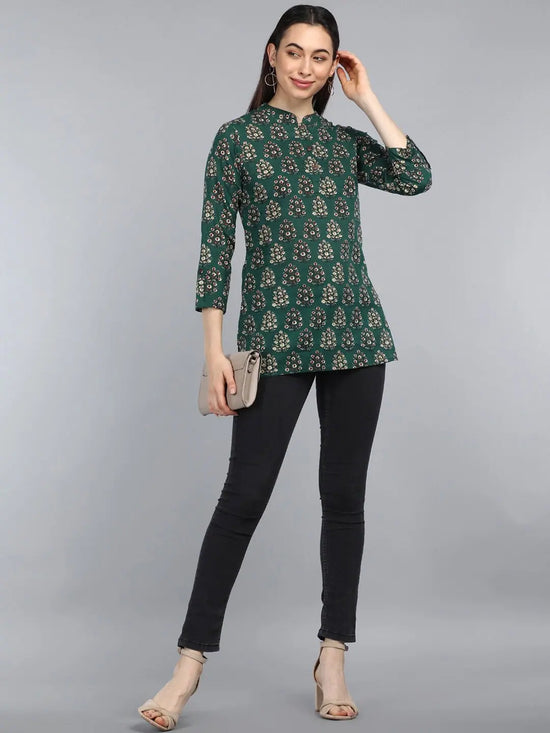 Ahika Green Floral Print Mandarin Collar Shirt Style Top