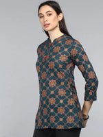 Ahika Teal Print Mandarin Collar Roll Up Sleeves Top