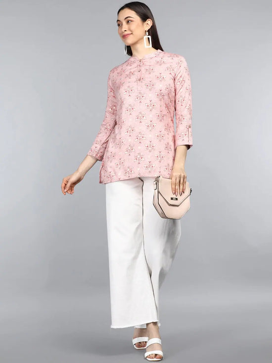 Ahika Pink Floral Print Mandarin Collar Roll Up Sleeves Top