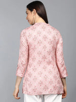 Ahika Pink Floral Print Mandarin Collar Roll Up Sleeves Top