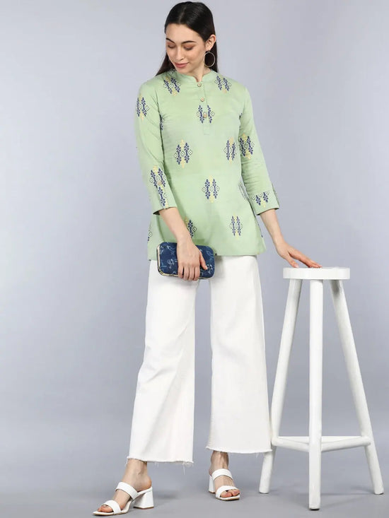 Ahika Green Print Mandarin Collar Longline Top