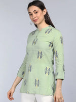 Ahika Green Print Mandarin Collar Longline Top