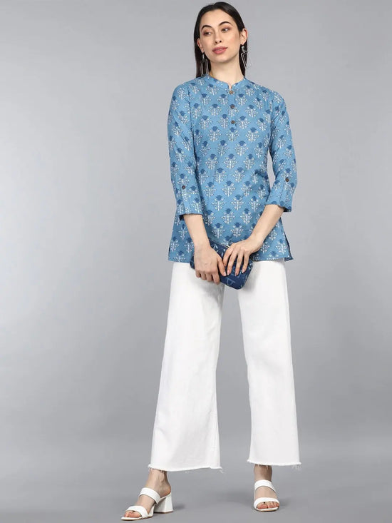 Ahika Blue Floral Print Mandarin Collar Top