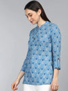 Ahika Blue Floral Print Mandarin Collar Top