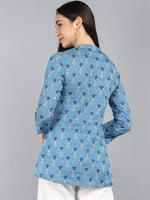 Ahika Blue Floral Print Mandarin Collar Top