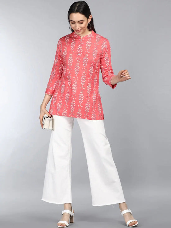 Ahika Coral Print Mandarin Collar Shirt Style Longline Top