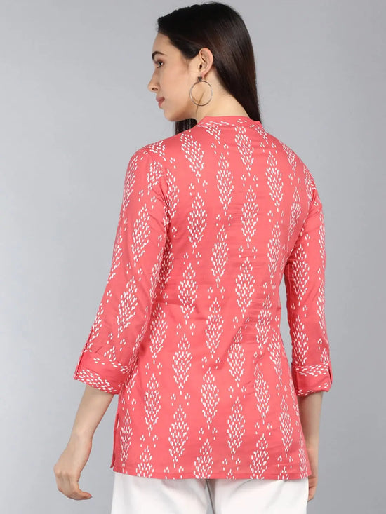 Ahika Coral Print Mandarin Collar Shirt Style Longline Top