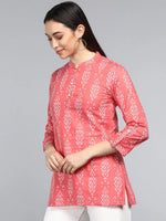 Ahika Coral Print Mandarin Collar Shirt Style Longline Top